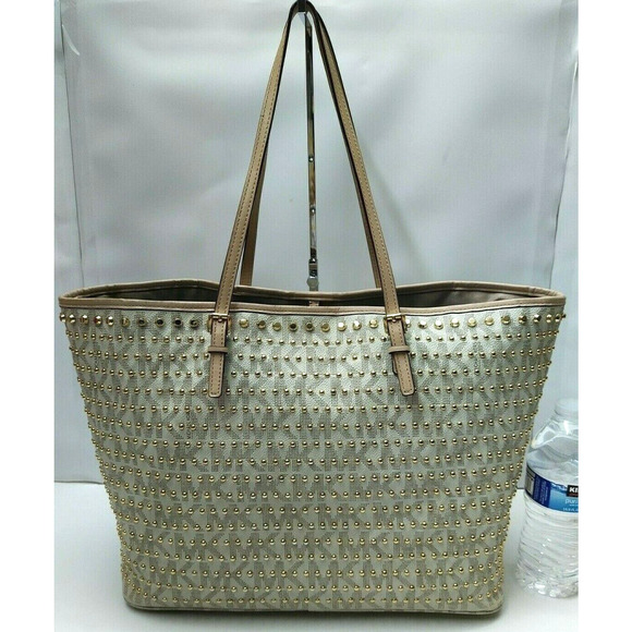 Michael Kors Jet Set Travel Vanilla PVC Leather Gold Studded Large Tote Bag - Picture 2 of 14